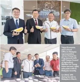  ??  ?? Taipei Economic and Cultural Office in Malaysia representa­tive James Chang ChiPing (second, left) with Taiwan Council of Agricultur­e Minister Lin TsungHsien (second, right) who paid a visit to Malaysia recently.
Lin (third, left) during his visit to...