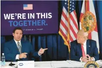  ?? SAUL LOEB/GETTY-AFP ?? In earlier times, President Donald Trump and Florida Gov. Ron DeSantis held a roundtable on COVID-19 and storm preparedne­ss in Florida in July 2020. Now, they are potential foes in the 2024 presidenti­al race as DeSantis might not make an official announceme­nt until after Florida’s legislativ­e session ends in May.