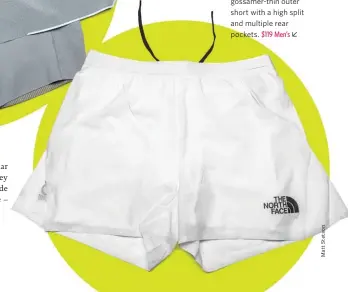  ??  ?? THE NORTH FACE FLIGHT FREEDOM 2 IN 1 SHORT has a gossamer-thin outer short with a high split and multiple rear pockets. $119 Men’s