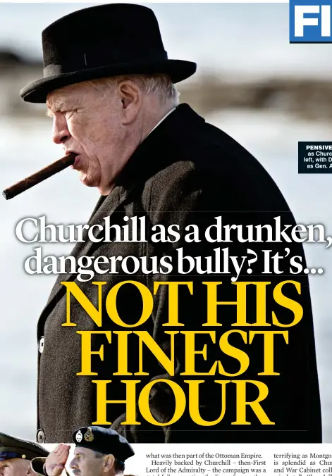  ??  ?? Pensive: Brian Cox as Churchill and, far left, with Danny Webb as Gen. Alan Brooke