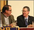  ?? The Sentinel-Record/Richard Rasmussen ?? DISCUSSING PROGRESS: National Park College President John Hogan, right, talks with National Park Rotary President Don Gooch prior to speaking to the club Wednesday. Hogan shared with Rotarians the college’s goals for expanding programs and...