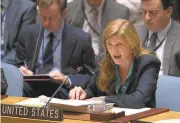  ?? BRYAN R. SMITH/AFP/GETTY IMAGES ?? United States Ambassador to the U.N. Samantha Power speaks Sunday during an emergency meeting in New York.