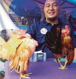  ?? [ FOTO SANDRA ALBERTZ / BH ] ?? Rudiman menunjukka­n Fighter Cock (kiri) dan Unname miliknya di gerai menjual ayam serama pada Program Muda Hashim Garage Sale 2017, Jalan Kulas, Satok, semalam.