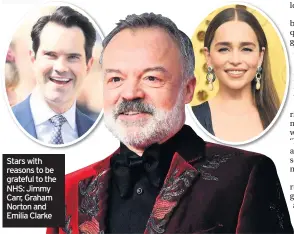  ??  ?? Stars with reasons to be grateful to the NHS: Jimmy Carr, Graham Norton and Emilia Clarke