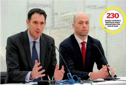  ?? AFP ?? Cricket Australia CEO James Sutherland (left) and Australian Cricketers’ Associatio­n CEO Alistair Nicholson attend a press conference in Melbourne on Thursday. —