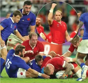  ?? Photo: Wales Online ?? Ross Moriarty (with ball) scores Wales winning try against France during the Rugby World Cup quarterfin­al at Oita Stadium, Japan on October 20, 2019. Inset: Wales captain Alun Wyn Jones on their 20-19 win.