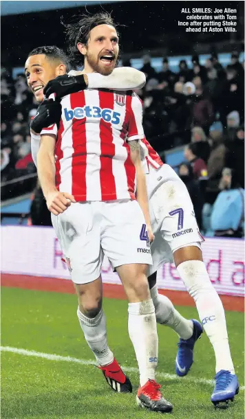  ??  ?? ALL SMILES: Joe Allen celebrates with Tom Ince after putting Stoke ahead at Aston Villa.