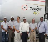  ??  ?? Logo lineup … (from left) general manager of Poliamba Oil Palms, Roland Soupa; NBPOL country manager, Robert Nilkare; general manager, Harry Brock; board members Ernie Gangloff and Sir Brown Bai; and Air Niugini’s Dominic Kaumu.