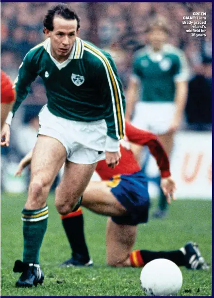  ??  ?? GREEN GIANT: Liam Brady graced Ireland’s midfield for 16 years