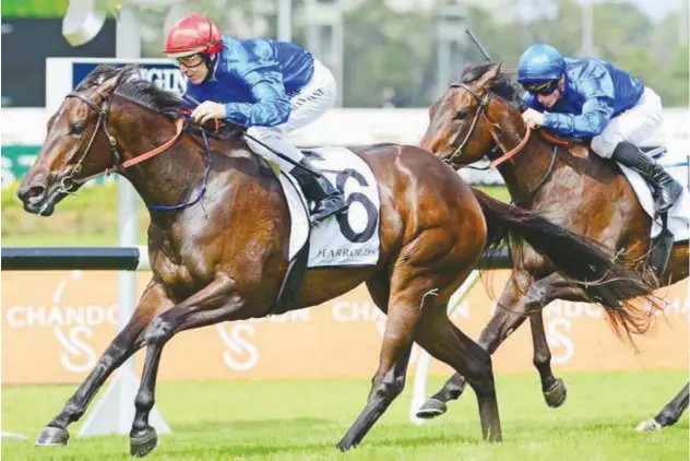  ?? Supplied photo ?? ↑ Godolphin’s Kaimichi wins the G3 Magic Night Stakes race at Rosehill.