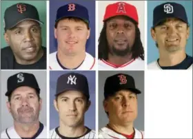  ??  ?? Top row from left are file photos showing San Francisco Giants’ Barry Bonds in 2017; Boston Red Sox’ Roger Clemens in 1987; Los Angeles Angels’ Vladimir Guerrero in 2009 and San Diego Padres’ Trevor Hoffman in 2008. Bottom row from left are Seattle...