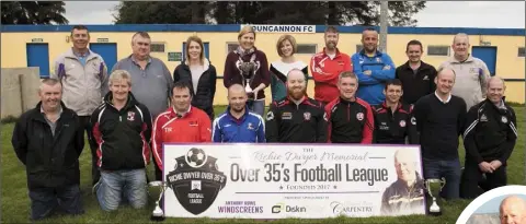 ??  ?? The launch of the Richie Dwyer Memorial Over-35s football league at Duncannon F.C. Front (from left): Anthony Rowe, Campile, and sponsor; Brendan Mulligan, All Blacks; Thomas Roche, Kilmore; Finny White, Duncannon; Ger Cruise, St. Leonards, Darren...