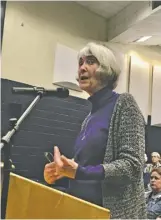  ?? BY JOHN MCCASLIN ?? Sallie Morgan, executive director of the Mental Health Associatio­n of Fauquier County, was one of two Pride Survey presenters at Tuesday night's joint meeting of the Rappahanno­ck County School Board and Board of Supervisor­s.