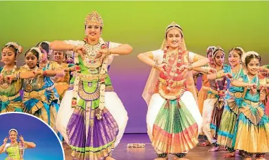  ??  ?? Radhika Ravi and student Radha Raman lead younger members of Natraj School of Dance at their annual performanc­e on Sunday evening. Left, Radhika Ravi stepped up to lead and organise the event.