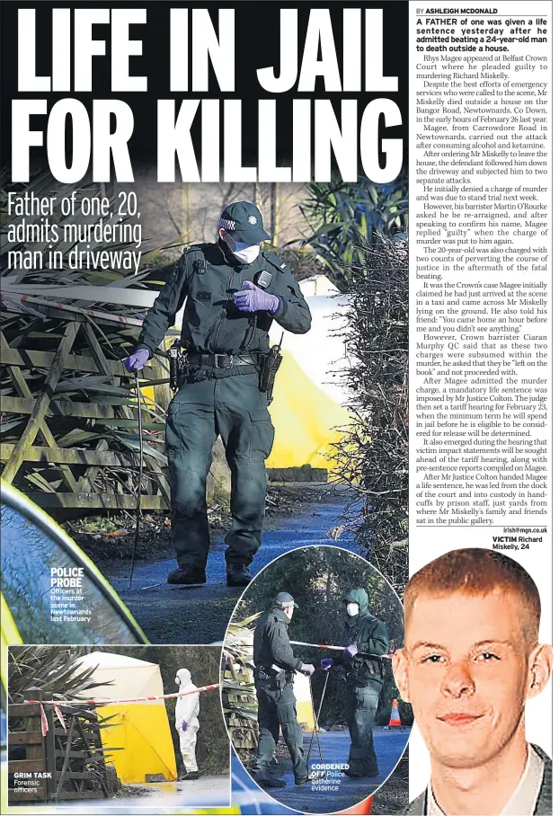  ??  ?? POLICE PROBE Officers at the murder scene in Newtownard­s last February GRIM TASK Forensic officers CORDENED OFF Police gatherine evidence VICTIM Richard Miskelly, 24