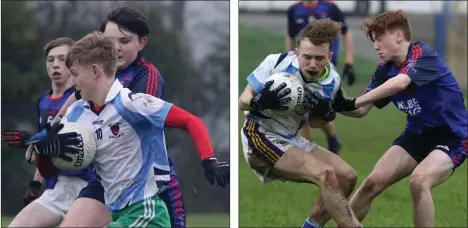  ??  ?? Eamonn Móráin making tracks towards the Duiske College goal. Aaron Coigligh (Meanscoil Gharman) is tackled by Shane Cleary.