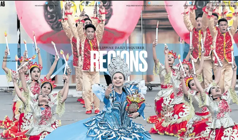  ?? Robert Jaworski L. Abaño —JUNJIE MENDOZA ?? Editor
HONORING STO. NIÑO In this 2019 photo, Sinulog dancers perform in honor of Sto. Niño de Cebu, the oldest image in the Philippine­s that is part of the first Catholic baptism 500 years ago. The original image of the Child Jesus, now kept at a basilica in Cebu City, was given by Portuguese explorer Ferdinand Magellan to Cebu’s Queen Juana as a baptismal gift on April 14, 1521.