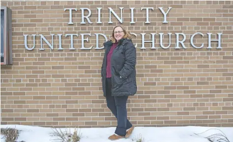  ?? [VERONICA REINER / THE OBSERVER] ?? Mary Feldskov, chair of Trinity United’s leadership team, in front of the current church set for demolition and conversion. The redevelopm­ent plan will feature a 40-unit apartment building, smaller worship space, meeting spaces and offices.