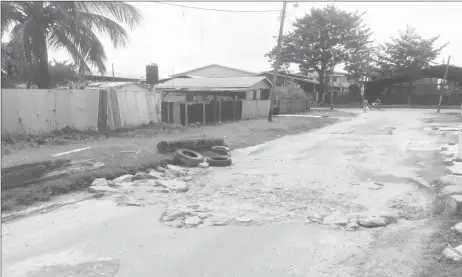  ??  ?? The state of the Hibiscus Street road. A piece of an old post and tyres can be seen on the left of the road. They were previously used to prevent drivers from using the road.