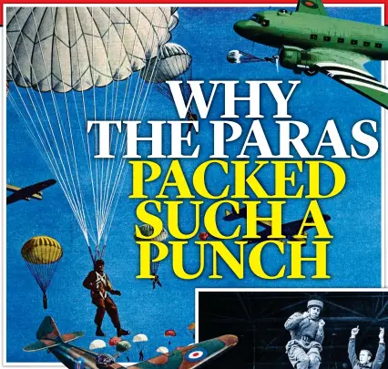  ?? ?? AIRBORNE: Wartime illustrati­ons of flight scenes, left and inset. Below: Paratroope­rs in training. Above: A Douglas C-47, used in missions including D-Day