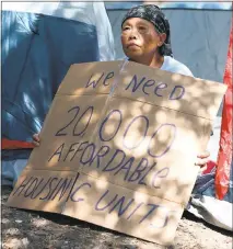  ??  ?? Mercy Chan is currently living on the streets. She attended a rally Thursday aimed to put pressure on the city to require affordable housing be built to offset the impacts of the Google Diridon project.