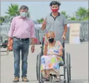  ?? DEEPAK GUPTA/HT PHOTO ?? An elderly woman comes out after taking the Covid vaccine jab at AB Vajpayee Ekana cricket stadium in Lucknow on Saturday.