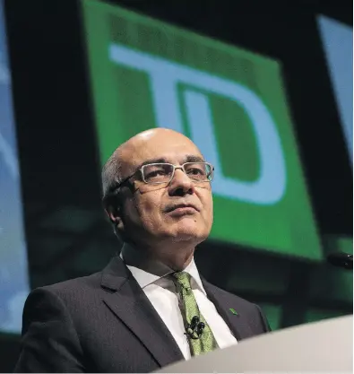  ?? CHRIS YOUNG / THE CANADIAN PRESS FILES ?? “We think it can accelerate our journey using artificial intelligen­ce,” said TD president and CEO Bharat Masrani.