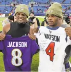  ?? KENNETH K. LAM/BALTIMORE SUN ?? Ravens quarterbac­k Lamar Jackson is hoping for a payday similar to the one DeshaunWat­son got.