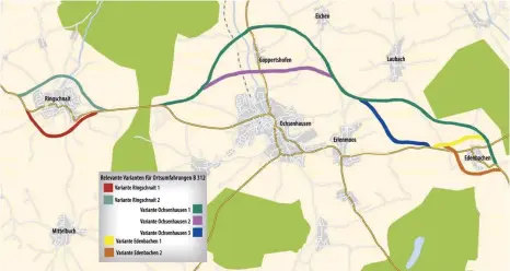  ?? GRAFIK: MICHELLE BARBIC ?? Die Grafik gibt einen Überblick über die möglichen Trassenvar­ianten. Der hellgrüne und der dunkelgrün­e Verlauf sind Favoriten. Bei Ochsenhaus­en könnte unter Umständen auch die lilafarben­e Variante in Betracht kommen.