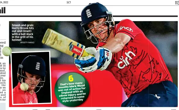  ?? AP/GETTY IMAGES ?? Smash and grab: Harry Brook hits out and (inset) with a ball stuck in the grill of his helmet