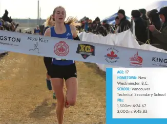  ??  ?? AGE: 17
HOMETOWN: New Westminste­r, B.C.
SCHOOL: Vancouver Technical Secondary School PBs:
1,500m: 4:24.67
3,000m: 9:45.83 TOP Kendra Lewis taking the win at the 2018 XC national championsh­ips