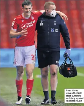  ??  ?? Ryan Yates leaves the field after suffering an injury against Middlesbro­ugh