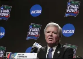  ?? MATT YORK - THE ASSOCIATED PRESS ?? FILE - In this April 4, 2019, file photo, NCAA President Mark Emmert answers questions at a news conference at the Final Four college basketball tournament in Minneapoli­s.