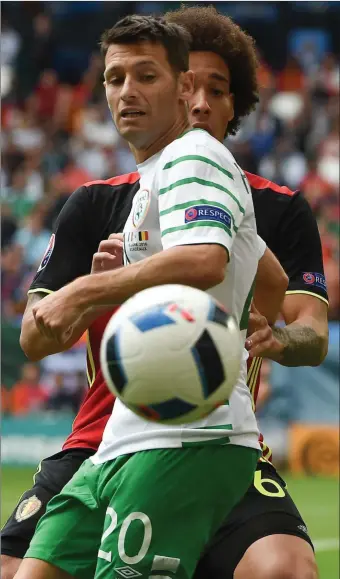  ??  ?? Ireland’s Wes Hoolahan in action against Axel Witsel of Belgium.