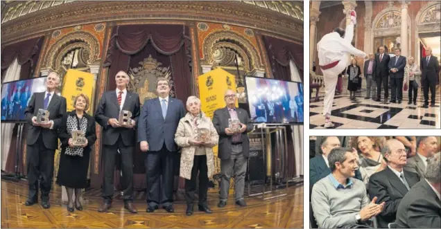  ??  ?? BAILE DE HONOR. Iribar, junto al alcalde, Aburto, presidió el aurresku de honor con los premiados, Garrido, Rueda, Estévez y Kintana . Valverde le aplaude tras su alocución.