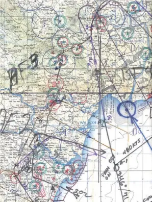  ??  ?? A typical chart carried by Vigi crew. The lines show several mission routes. The blue circle was added showing where Prendergas­t was shot down. (Photo courtesy of Cdr. Wattay)