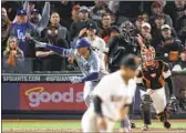  ?? Robert Gauthier Los Angeles Times ?? THE DODGERS’ Cody Bellinger hits the gamewinnin­g single in San Francisco on Thursday.