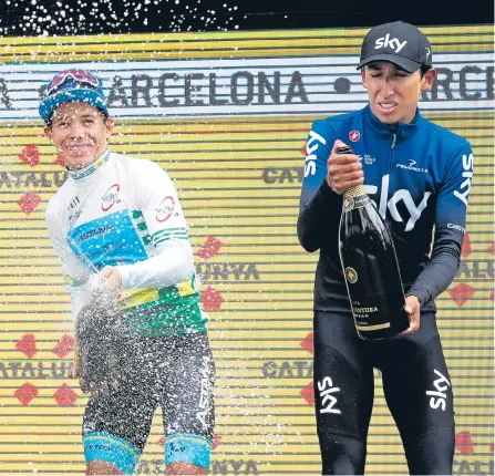  ?? EFE ?? Miguel Ángel López (i) se coronó ayer campeón en Cataluña, donde Egan Bernal (d) terminó tercero. Ambos correrán el Giro de Italia.