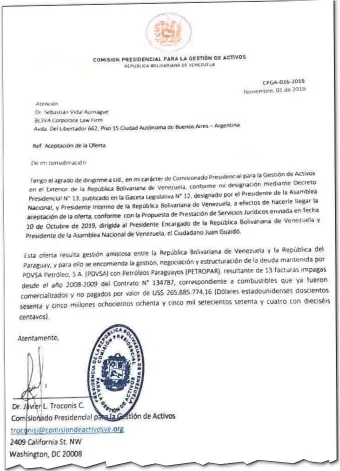  ??  ?? El nuevo documento mostrado por Villamayor que data del 1 de noviembre de 2019.