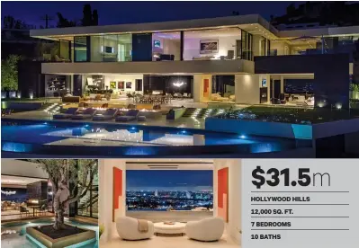  ??  ?? $31.5m HOLLYWOOD HILLS 12,000 SQ. FT. 7 BEDROOMS 10 BATHS