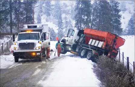  ?? J.P. SQUIRE/Special to The Daily Courier ?? City of Kelowna road-clearing crews try to free a sanding truck from a ditch in a rural area of Glenmore on Thursday. Below, a tow truck awaits help after sliding off the road.