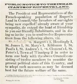  ??  ?? An 1869 public notice calls for English parishes to meet with French Métis leaders to discuss the political future of the Red River region.