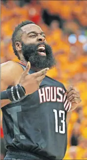  ?? [RICK BOWMER/THE ASSOCIATED PRESS] ?? Rockets guard James Harden reacts after a foul in the first half during a game against the Jazz on Saturday in Salt Lake City.