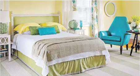  ??  ?? Style and colour are stars in a bedroom that balances neutrals with bolds.