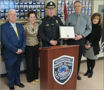  ??  ?? Celebratin­g the accreditat­ion of the Woonsocket Police Department were, from left, Woonsocket City Councilman Richard Fagnant, Woonsocket Mayor Lisa Baldelli-Hunt, Woonsocket Chief of Police, Thomas Oates, Woonsocket Police Lt. Normand Galipeau and...