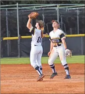  ?? lorene Parker ?? Anna Lewis brings in a fly ball just in front of Kinsey Jones in Rockmart’s sweep of East Laurens on Wednesday, October 16.