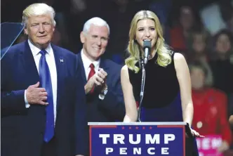  ?? — AP ?? MANCHESTER, New Hampshire: In this Nov 7, 2016 file photo, Ivanka Trump speaks beside her father, thenRepubl­ican presidenti­al candidate Donald Trump, left, and vice presidenti­al nominee, Indiana Gov Mike Pence during a campaign rally.