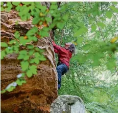  ?? FOTO: DUBOIS/SPT ?? Mit seinen schroffen Felsen ist der Kirkeler Wald ein wahres Kletterpar­adies, auch diesmal sind die Kletterkur­se dabei.