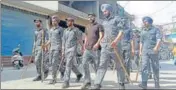  ?? ANI ?? Paramilita­ry personnel patrol a street two days after a clash between two groups in Patiala on Sunday.