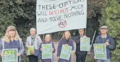  ??  ?? Green party members protesting in Walberton after the announceme­nt of the ‘grey’ route, above. Below, Labour’s Michael Ward on the Arun riverbank and with Kay Wagland from SCATE